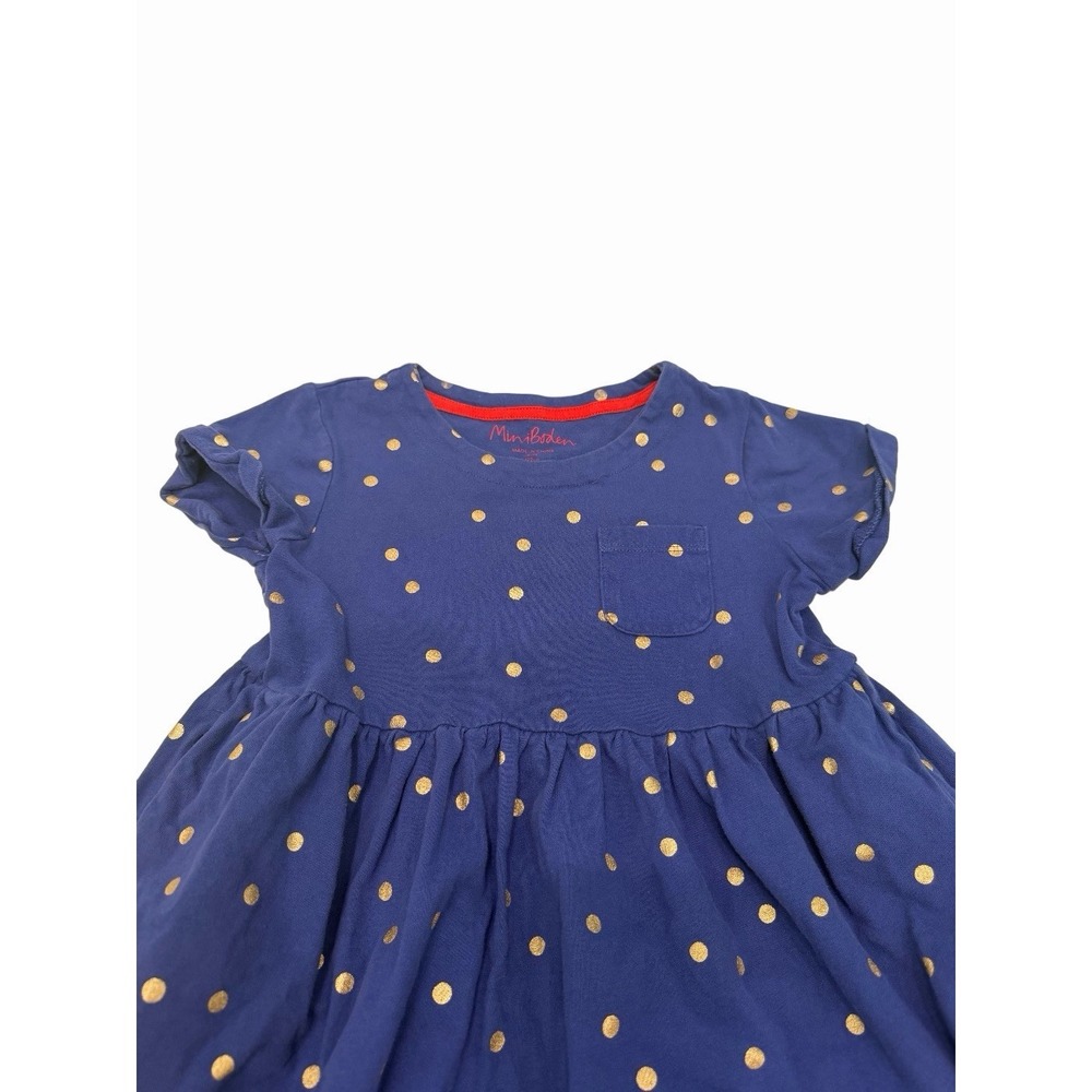 Mini Boden Girl Blue Dress Gold Dots Size 6/7